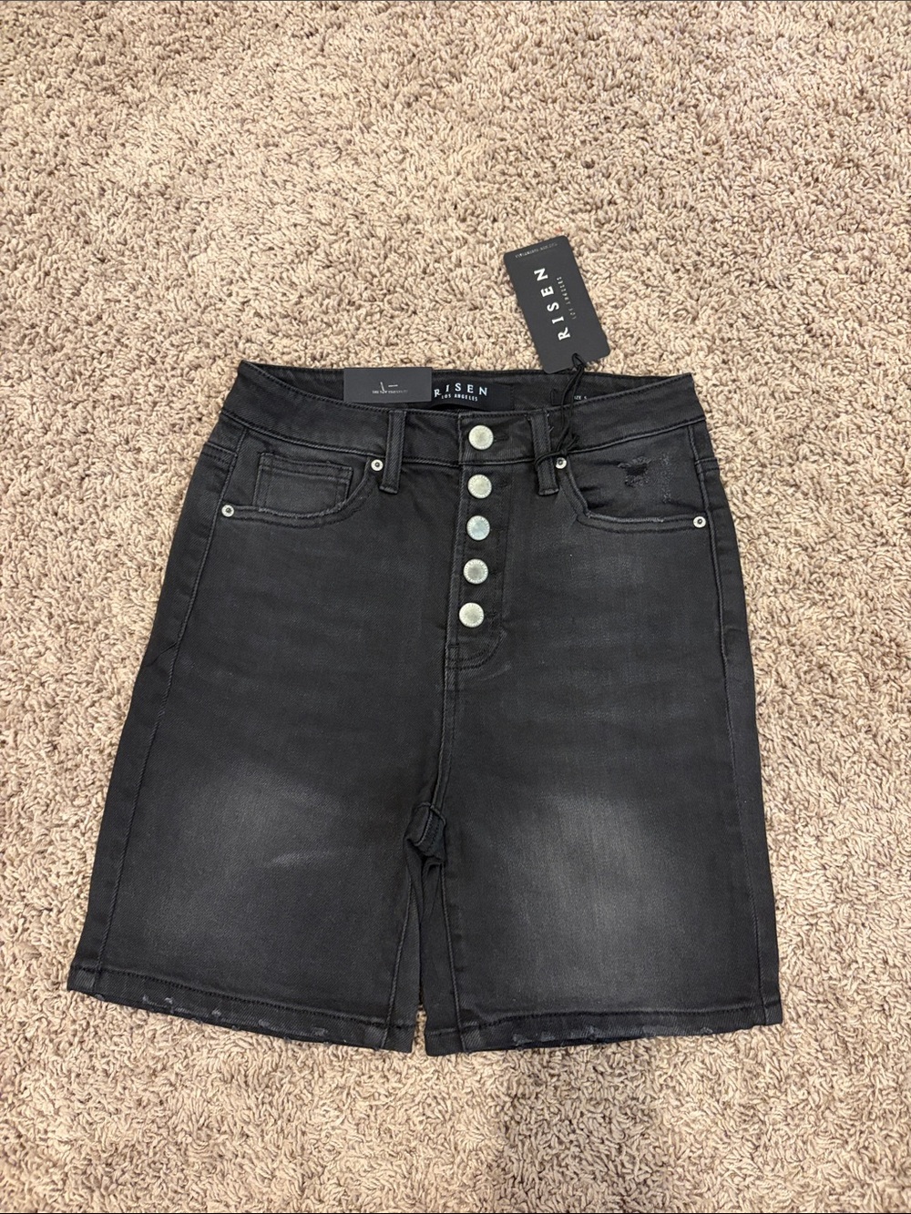 RISEN Black High-Rise Button-Front Denim Shorts